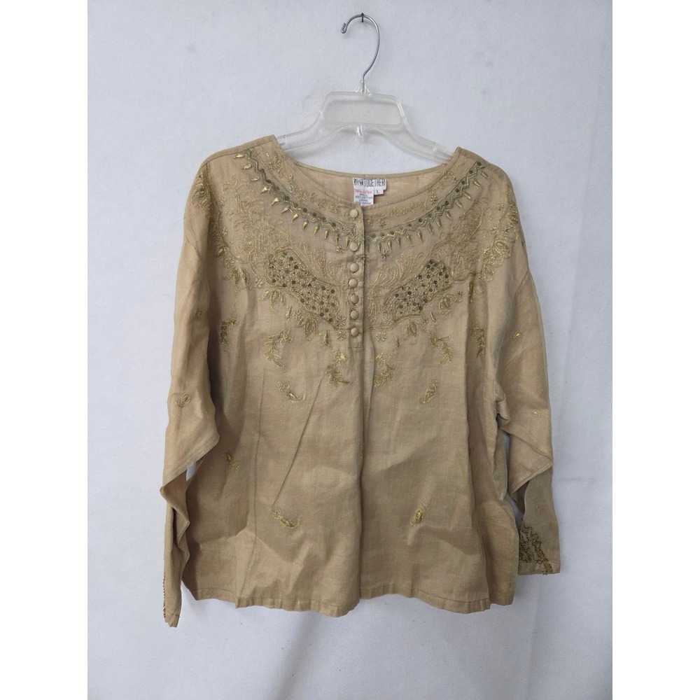 Together! Vintage Womens Tan Gold Embroidered Metallic Cotton Blouse Top Large